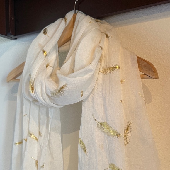 Lightweight White Scarf Wrap with Gold Foil Feather Accents, 28”x 70” - Picture 2 of 5